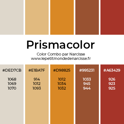 palette de couleur gris, moutarde, orange, brun, rouge, automne avec code hexadécimal et code des crayons prismacolor