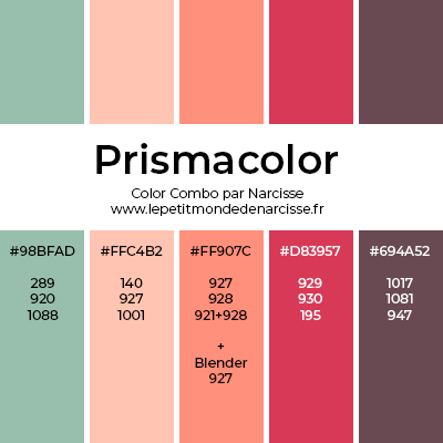 Palette de couleur vert, rose, saumon, rouge, aubergine avec code hexadécimal et codes des crayons prismacolor