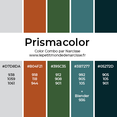 palette de couleur gris, orange, vert, bleu et bleu foncé, avec code hexadécimal + numéro des crayons prismacolor